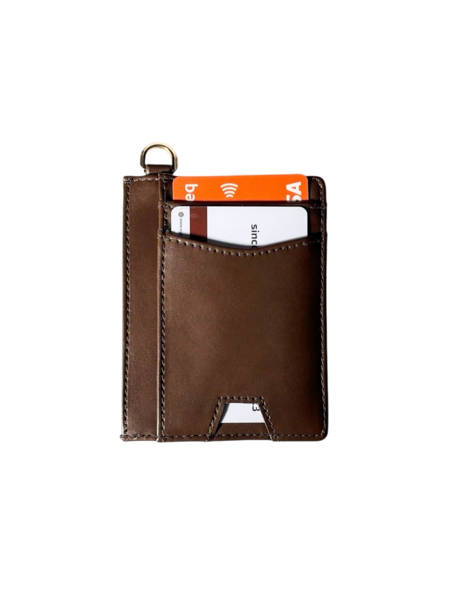 Front view of Auden Brown Cardlet wallet with cards inserted